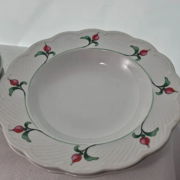 Dansk Rosebud Soup Bowls 9" scallop textured large rim floral romantic set/6